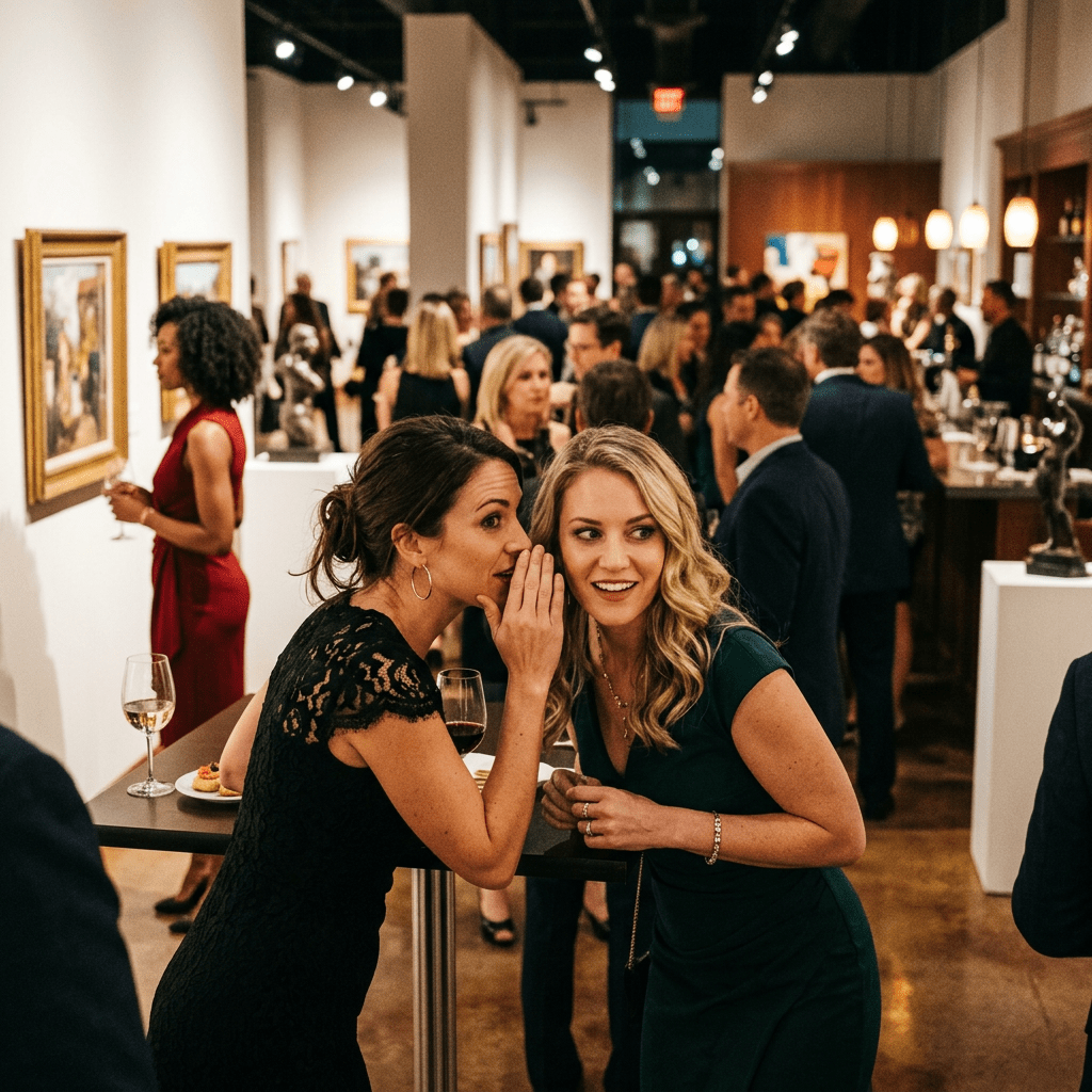 Two women whispering at an art gallery event with people mingling in the background